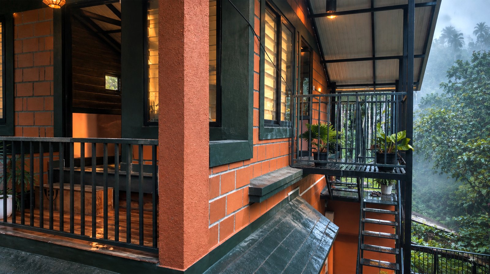 Balcony and outdoor staircase at dusk with mist over the valley