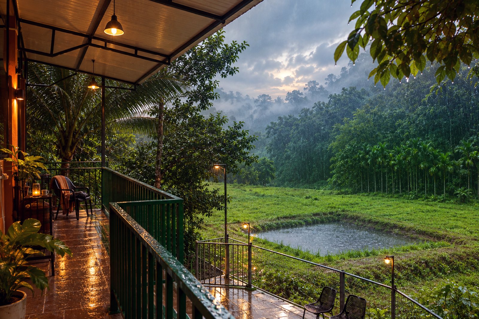 Rain-washed balcony looking over the paddy pond and areca trees