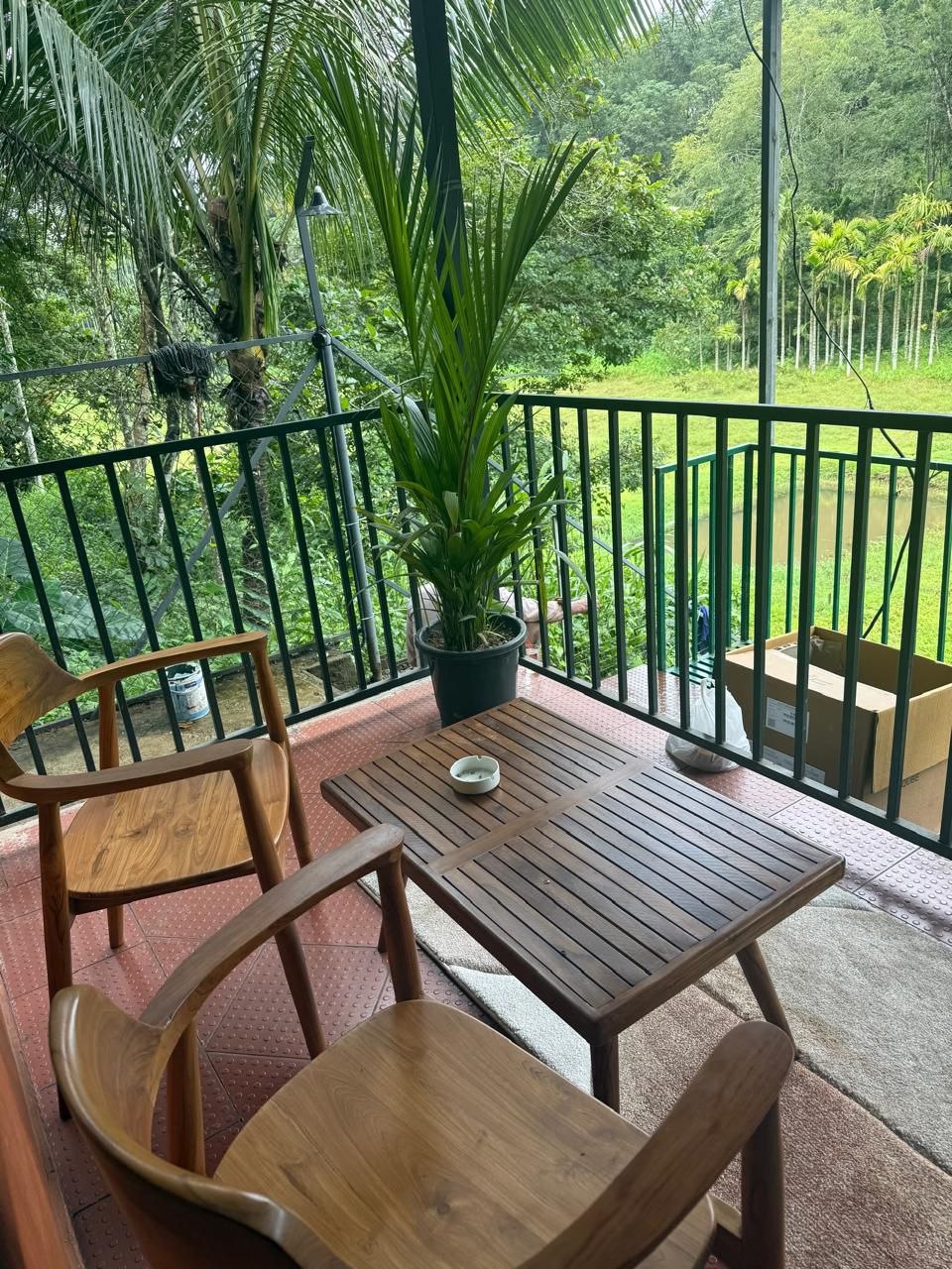 Cane chairs and a teak table on a balcony overlooking the forest
