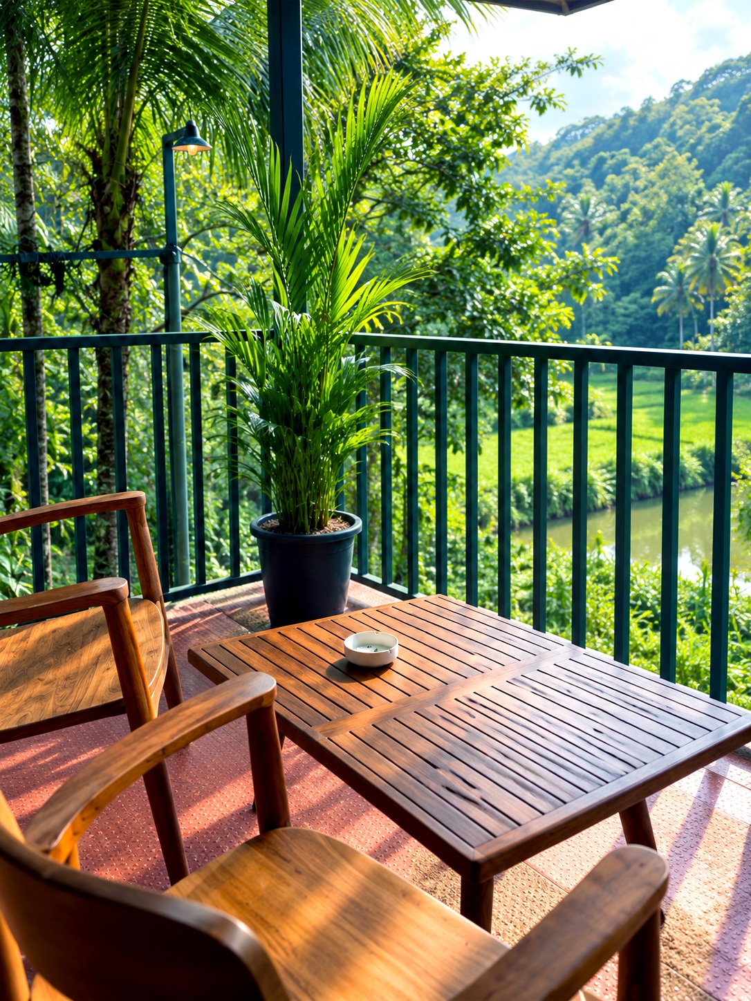 Teak table and chairs on the balcony above the green valley and river