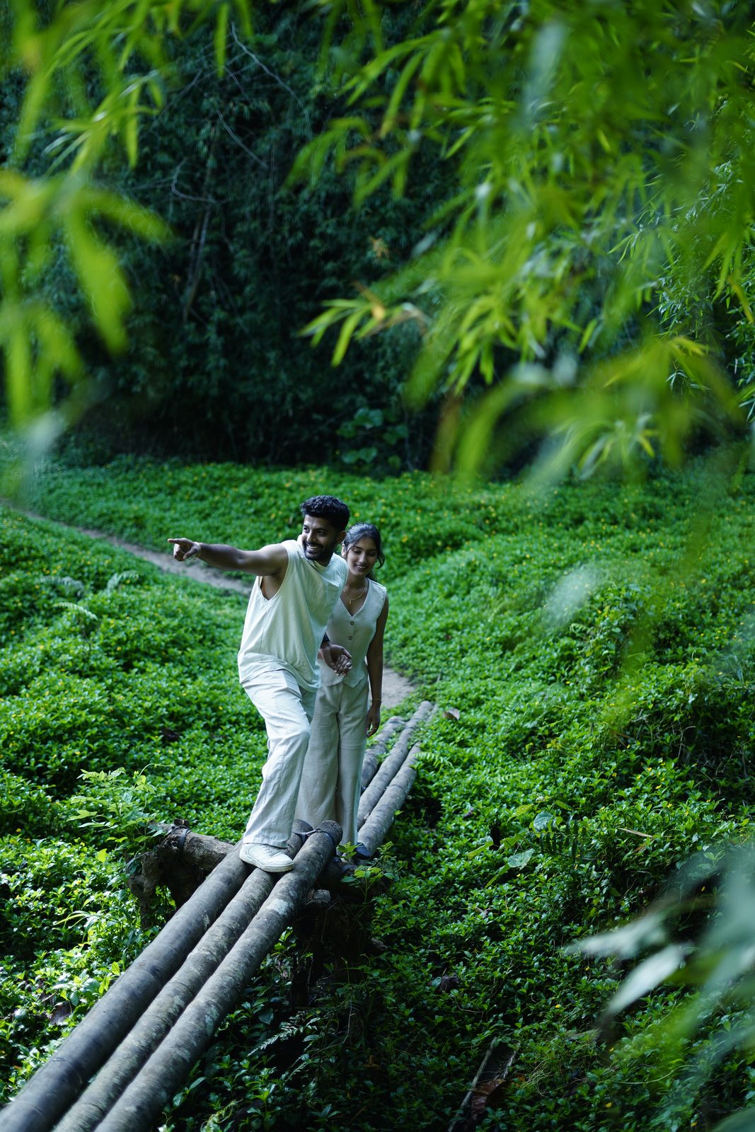 A couple crossing a bamboo log bridge over green undergrowth