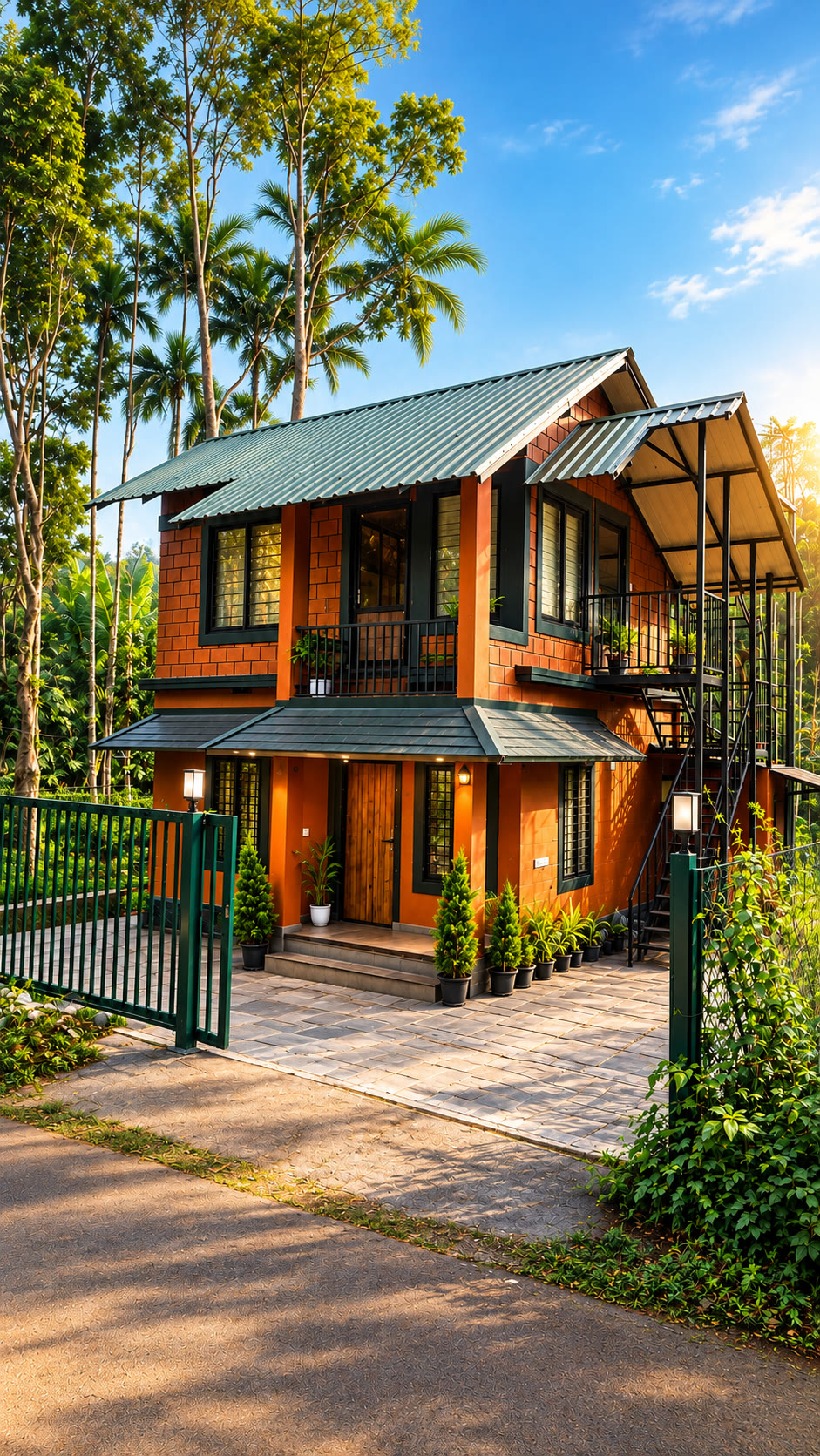 The brick-red cottage of Vayal Nad Stay among tall areca palms