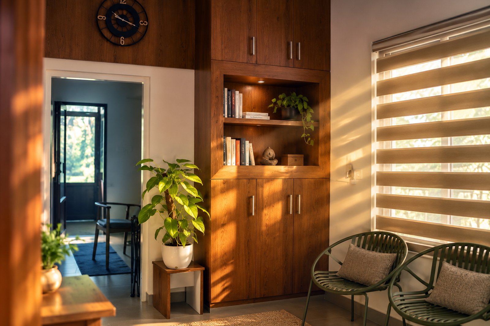 Living area with a wooden bookshelf, green chairs and a window with layered blinds in the Family Cottage