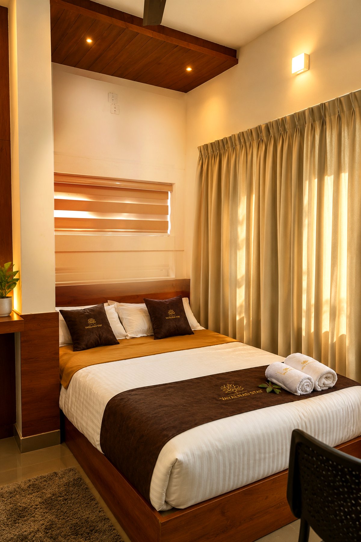 King bed with branded pillows and folded towels, warm lighting and curtains in the Valley View Room