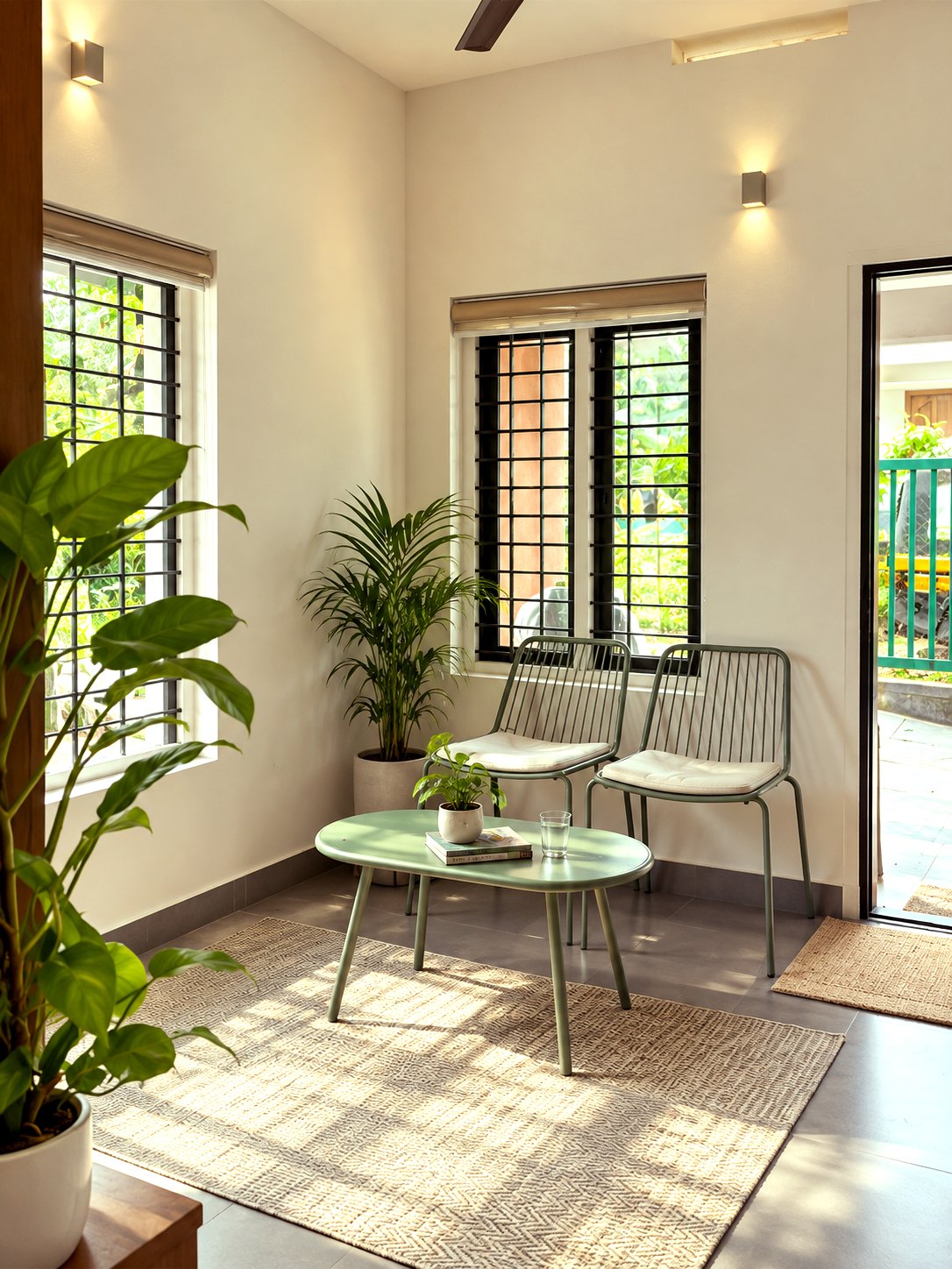 Bright sun-room with a low table, green chairs and garden windows