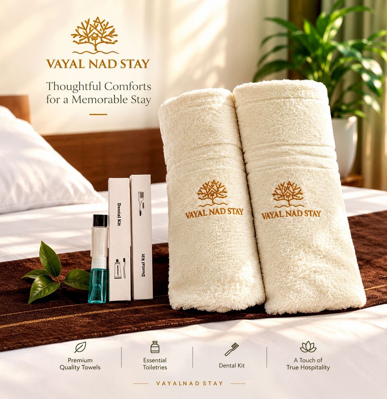 Branded towels, dental kit and toiletries laid out on the bed