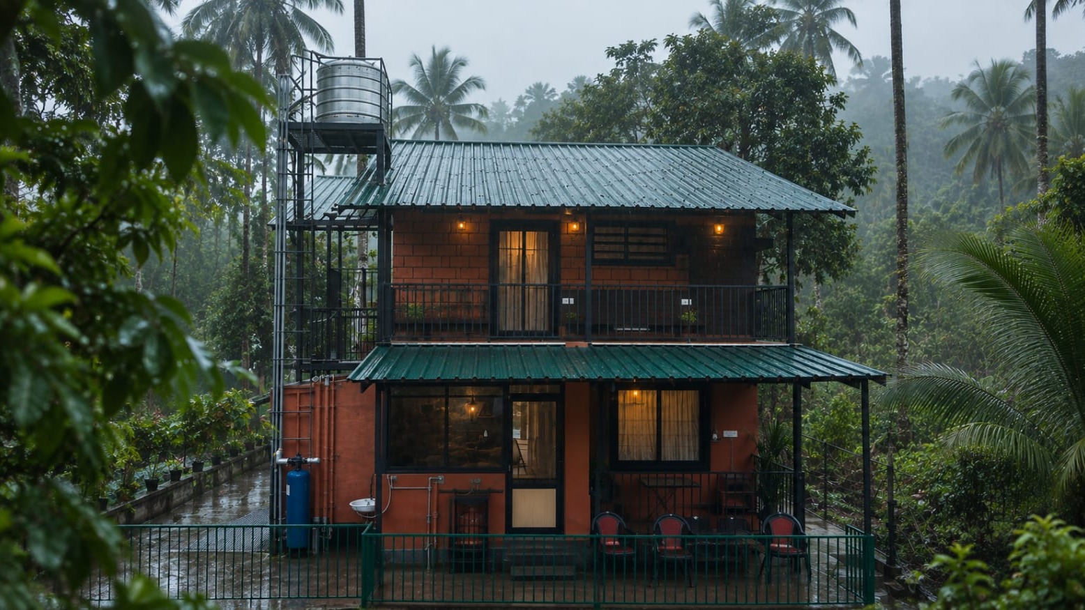The brick-red cottage of Vayal Nad Stay glowing with warm lights in the monsoon mist among the palms