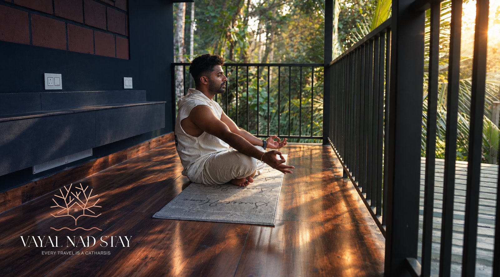 A guest meditating on the balcony at sunrise